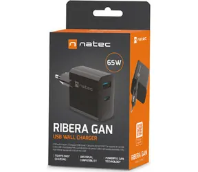 Natec Ribera GaN čierna / Nabíjačka / GaN / 65 W / 1x USB-A / 1x USB-C