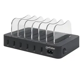 Manhattan 6-portová USB nabíjacia stanica čierna / Nabíjačka / 6x USB-A / 2,4 A/5 V / LED indikácia