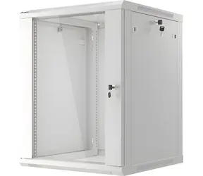 Lanberg WF01-6615-10S sivá / Nástenný rozvádzač 19" / 15U / 600×600 mm / presklené dvere / flat pack