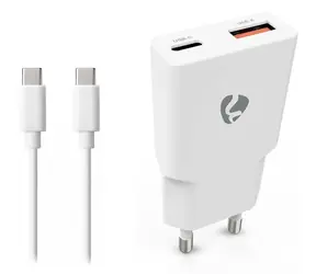 Nedis GaN 30W biela / Sieťová nabíjačka / USB-C PD3.0 + USB-A QC / kábel USB-C - USB-C 1,5 m