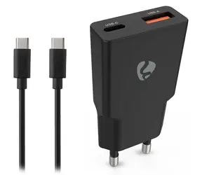 Nedis GaN 20W čierna / Sieťová nabíjačka / USB-C, USB-A / PD3.0 / + kábel USB-C 1,5 m
