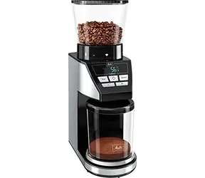 Melitta Calibra čierno-strieborná / Mlynček na kávu / integrovaná váha / 39 stupňov mletia / 160 W / zásobník 375 g