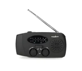 Nedis Núdzové rádio čierna / Stolové prevedenie / AM/FM / Napájanie z akumulátora / Napájanie z USB / Ručná kľuka