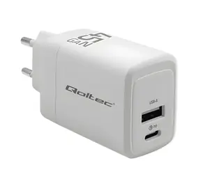 Qoltec GaN nabíjačka 45W biela / Nabíjačka / USB-C PD + USB-A QC 3.0 / 5-20V / 1,5-3A