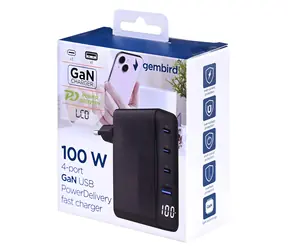 Gembird GaN nabíjačka 100W LCD čierna / Nabíjačka / 3x USB-C / 1x USB-A / PD, QC 3.0