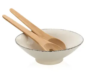 Ukiyo Šalátová misa s bambusovým príborom biela / Šalátová misa / keramika / 25,5 cm / bambus 32 cm