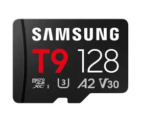 Samsung T9 čierna / Pamäťová karta microSDXC / 128 GB + SD adaptér / UHS-I U3 / Class 10, V30, A2 / čítanie: 200 MB/s