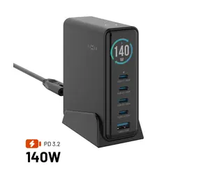 FIXED Dokovacia GaN stanica čierna / Nabíjacia stanica / TFT displej / 4X USB-C + USB-A / PD 3.2 / 140W