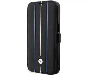 BMW Leather Stamp Blue Lines iPhone 14 Pre čierna / Knižkové puzdro / Ražený vzor