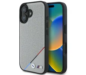 BMW M Perforovaný Tricolor Line MagSafe Zadný kryt pre iPhone 16 sivá / Puzdro / MagSafe