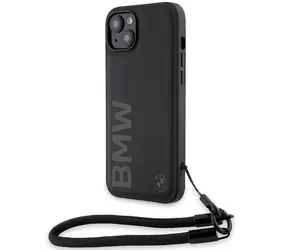 BMW Signature Leather Wordmark Cord čierna / Zadný kryt / iPhone 15 PLUS/14 PLUS / Koža