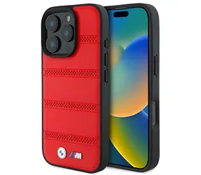 BMW M Perforated And Stitched Line červená / Zadný kryt / MagSafe / Apple iPhone 16 Pro