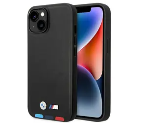 BMW Leather Stamp Tricolor MagSafe čierna / Zadný kryt pre iPhone 14 PLUS / MagSafe / Koža