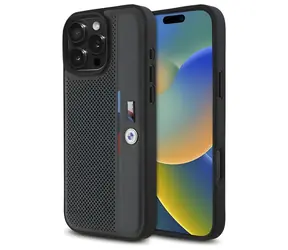 BMW M Perforovaný Tricolor kryt pre Apple iPhone 16 Pro Max tmavo šedá / Puzdro / Perforovaný design