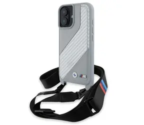 BMW M Edition Carbon Stripe pre Apple iPhone 16 sivá / Zadný kryt / Karbónový vzor / S pútkom