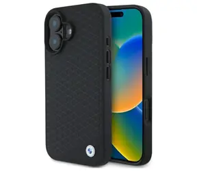 BMW Sign Leather Diamond čierna / Zadný kryt / Kožený / Kovové Logo / MagSafe / iPhone 16
