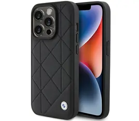 BMW Prešívaný kožený kryt pre iPhone 15 Pro Max čierna / Zadný kryt