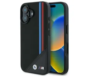 BMW M Meshed Tricolor Stripes pre Apple iPhone 16 čierna / Zadný kryt / Sieťovaný povrch / Trojfarebné pruhy BMW M