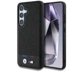 BMW Leather Tricolor Stripe MagSafe pre Samsung Galaxy S25 čierna / Zadný kryt / Tricolor pruh / Magnetický (MagSafe)