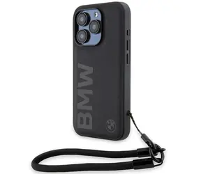 BMW Signature Wordmark Cord čierna / Zadný kryt / Kožený / So šnúrkou / iPhone 15 Pro Max