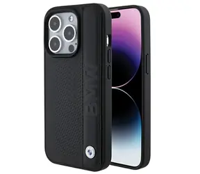 BMW Leather Textured & Stripe čierna / Zadný kryt / Apple iPhone 15 Pro Max