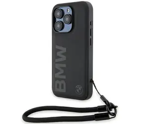 BMW Signature Leather Wordmark Cord čierna / Zadný kryt / iPhone 15 Pro / kožený so šnúrkou