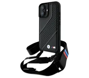BMW M Edition Carbon Stripe pre Apple iPhone 16 čierna / Zadný kryt / Karbónový vzor / S pútkom
