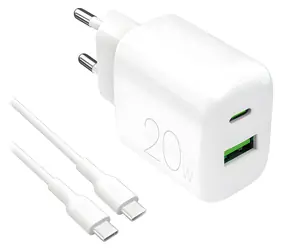 Puro PRO LITE 20W biela / Cestovná nabíjačka / USB-A + USB-C / kábel USB-C - USB-C 1,2 m