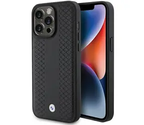 BMW Zadný kryt kožený s diamantovým vzorom pre iPhone 15 Pro čierna / Puzdro / Kožené