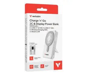 Verbatim Charge 'n' Go 2C strieborná / Powerbanka / 10000 mAh / Displej / USB-C / Bezdrôtové nabíjanie 15W