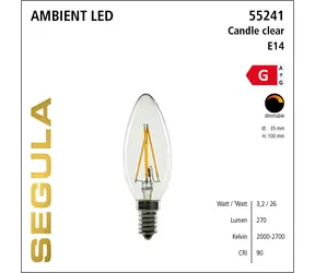 SEGULA LED sviečka číra Ambient / Žiarovka / E14 / 3,2 W (26 W) / 270 lm / 2000-2700 K / stmievateľná