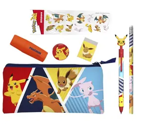 CYP BRAND Školský set Pokémon so samolepkami / 7 kusov / Propiska, ceruzka, strúhadlo, guma, zvýrazňovač, peračník