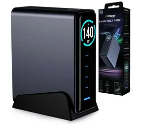 3mk InCharge Lumin Desktop 140W čierna / Nabíjačka / GaN3 / TFT displej / 1x USB-A + 4X USB-C / PD3.2 / QC5