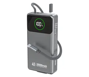 Dudao K31 Pro 20000mAh šedá / Powerbanka / so vstavaným USB-C káblom / 45W