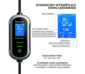 Qoltec Mobilná EV nabíjačka 2v1 Typ2 11kW / Nabíjačka elektromobilov / 400V / CEE 32A / Wi-Fi / LCD / 5 m kábel