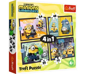 Trefl Puzzle Mimoni a monštrá 4v1 / 35 + 48 + 54 + 70 dielikov / 28,5 x 20,5 cm