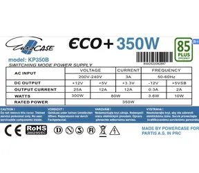 Eurocase Eco+ 350W / Zdroj / 85+ / ATX 20/24pin / 4X SATA / 120mm ventilátor
