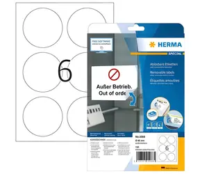 Herma Etikety okrúhle biele 85 mm / Etikety / papier, snímateľné, s ohraničením / 25 listov / 150 ks