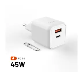 FIXED Mini biela / Sieťová GaN nabíjačka / USB-C + USB-A / PD 45W