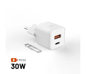 FIXED Mini biela / Sieťová nabíjačka / GaN / USB-C + USB-A / 30W / PD3.0