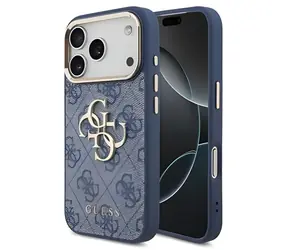 Guess PU Leather 4G Metal Logo Gold Frame modrá / Zadný kryt / iPhone 18 Pro