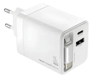 Troika POWER PULL 35 biela / Nabíjačka / GaN / USB-C + USB-A / 35W PD / výsuvný kábel USB-C
