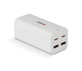 Lindy GaN nabíjačka 100W biela / Sieťová nabíjačka / 2x USB-C / 2x USB-A / PD 3.0 / GaN