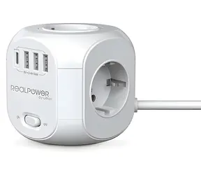 RealPower PowerBox 431 biela / Predlžovacia kocka / 4X 230V / 3x USB-A / USB-C / 1,8 m