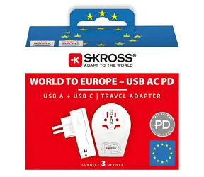 SKROSS Cestovný adaptér Europe pre cudzincov v ČR / typ E/F / USB-A+C / PD 20W