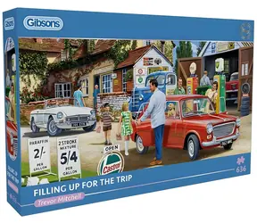 GIBSONS Panoramatické puzzle Tankovanie pred cestou / 636 dielikov / 69 × 32 cm