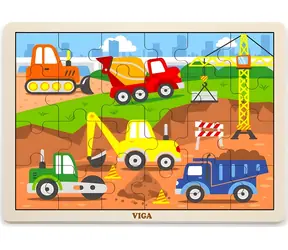 VIGA Drevené puzzle Stavebné stroje / 24 dielikov / Drevená doska s rámčekom