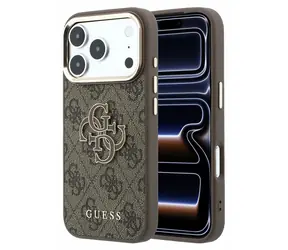 Guess PU 4G Resin Metal Logo iPhone 18 Pre hnedá / Zadný kryt / Umelá koža / Kovové Logo