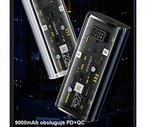 USAMS US-CD189 čierna / Powerbanka / 9000mAh / PD 20W + QC3.0 / 2x USB