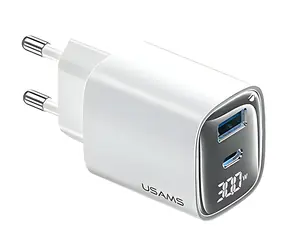 USAMS XC Series CC229 biela / Nabíjačka / GaN / USB-C + USB-A / 30W / Digitálny displej
